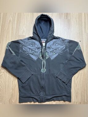 Vintage Y2K MMA Elite Skull and Cross Black Hoodie Sz Medium (distressed)